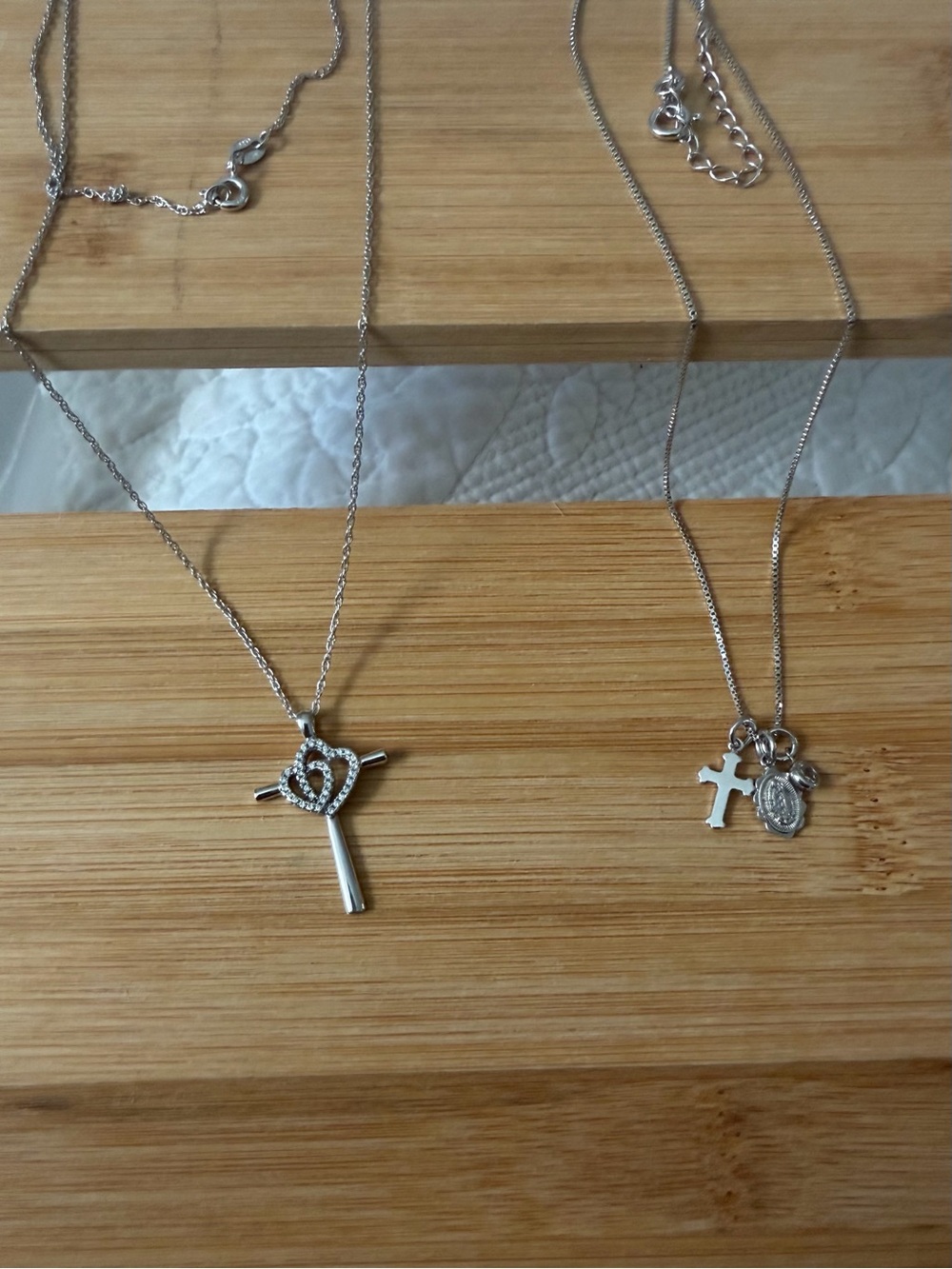 Sterling Silver Cross & Heart Pendant Necklace - 2 Necklace Set
